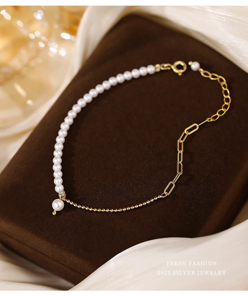 Minx - Sterling Silver Pearl Charm Link Chain Bracelet