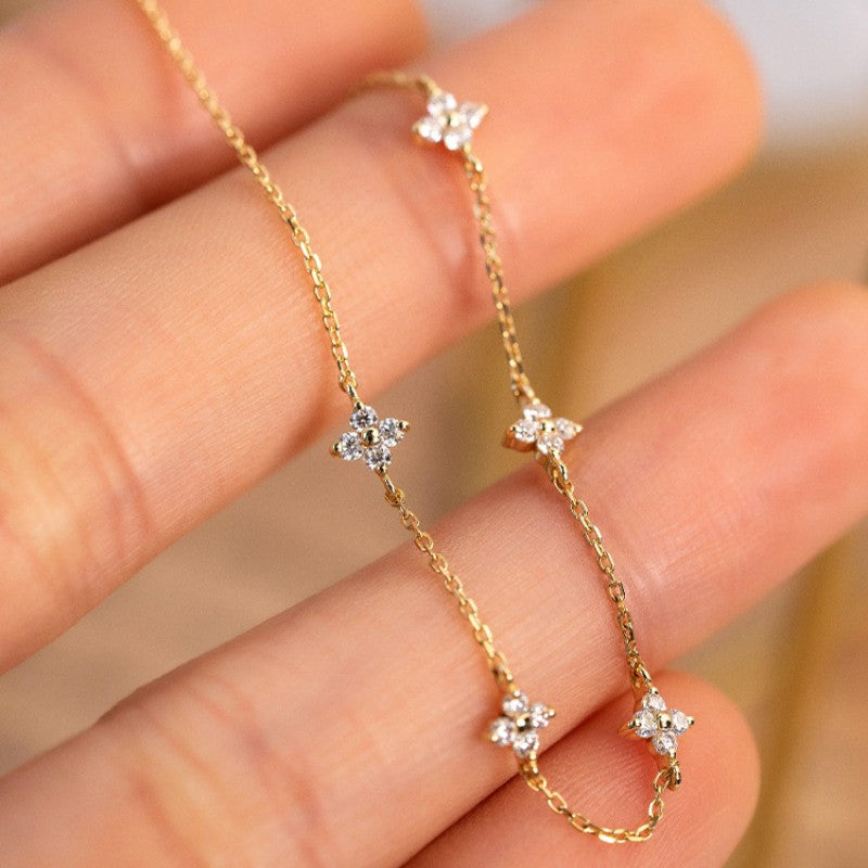 Aurora Sterling Silver 5 Flower Floral Cubic Zirconia Diamond Delicate Dainty Chain Bracelet