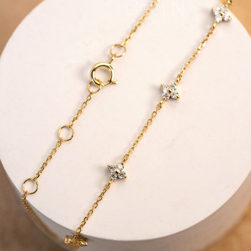 Aurora Sterling Silver 5 Flower Floral Cubic Zirconia Diamond Delicate Dainty Chain Bracelet