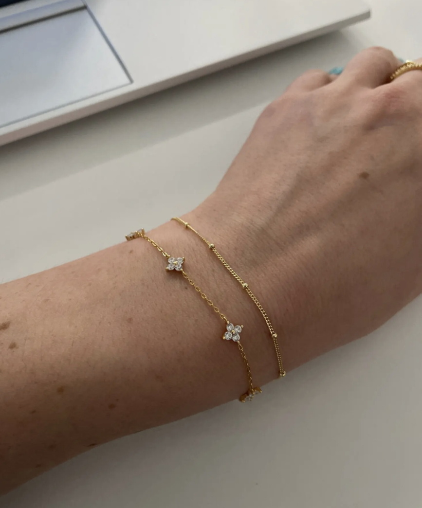 Aurora Sterling Silver 5 Flower Floral Cubic Zirconia Diamond Delicate Dainty Chain Bracelet