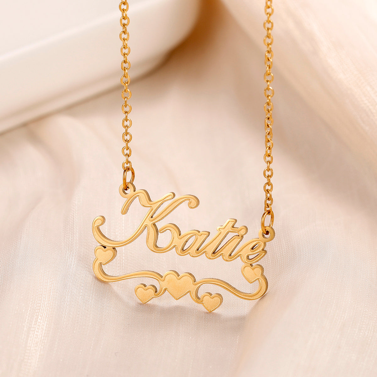 Personalised Single Name Necklace - Ribbon & Hearts Custom Cute Unique Jewellery Gift in Arabic or English - EZME