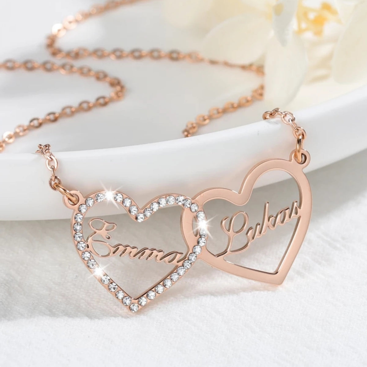 Personalised Custom Double Name Necklace - Sparkling Gemstone Diamante Love Hearts - FAIYAH