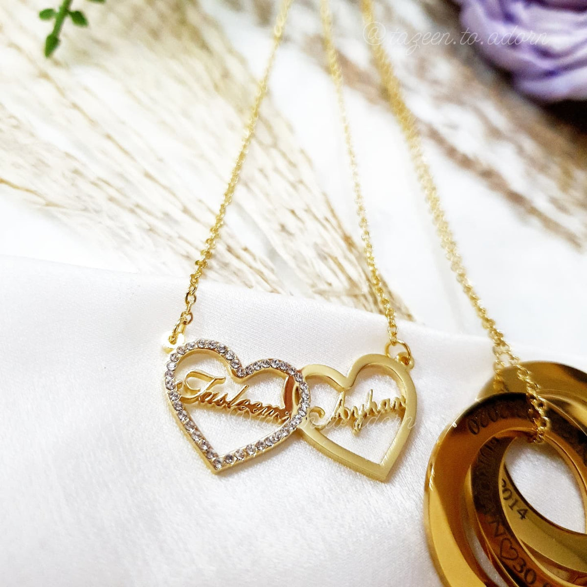 Personalised Custom Double Name Necklace - Sparkling Gemstone Diamante Love Hearts - FAIYAH