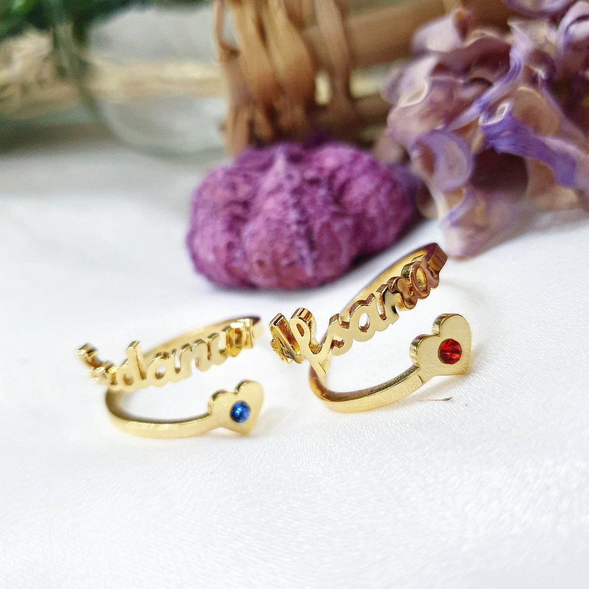 Stunning Personalised Single One Name Ring - Heart & Birthstone English or Arabic Jewellery - SABRINA