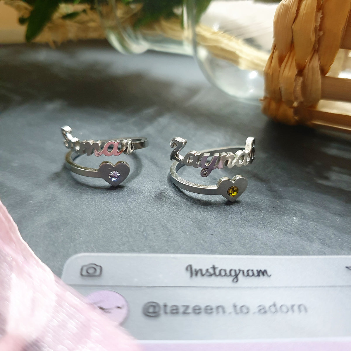 Stunning Personalised Single One Name Ring - Heart & Birthstone English or Arabic Jewellery - SABRINA