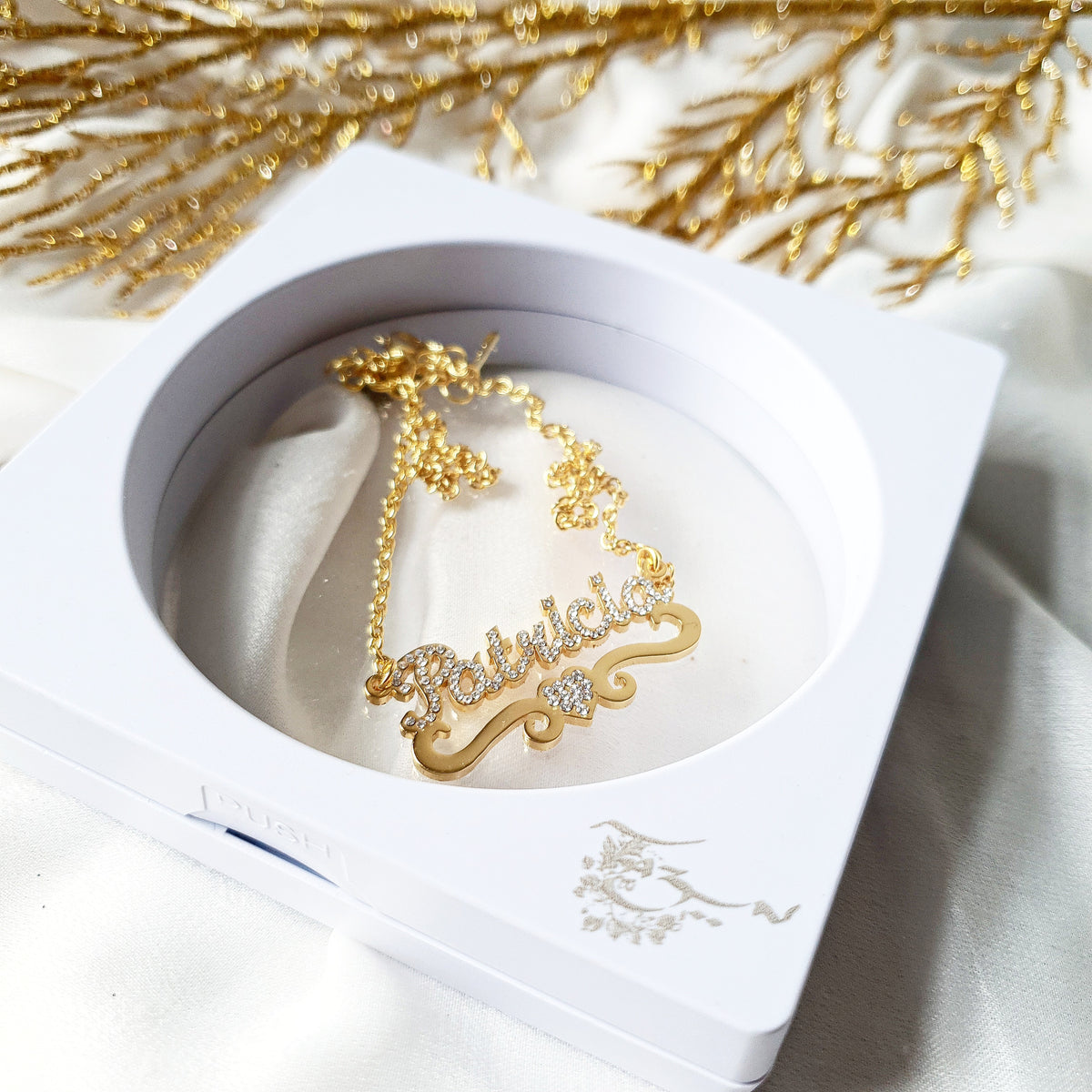 Personalised Custom Girls Diamante Name with Ribbon & Heart Necklace - Arabic English Jewellery Kid, Toddler Gifts - Baby to 14years - AISHA