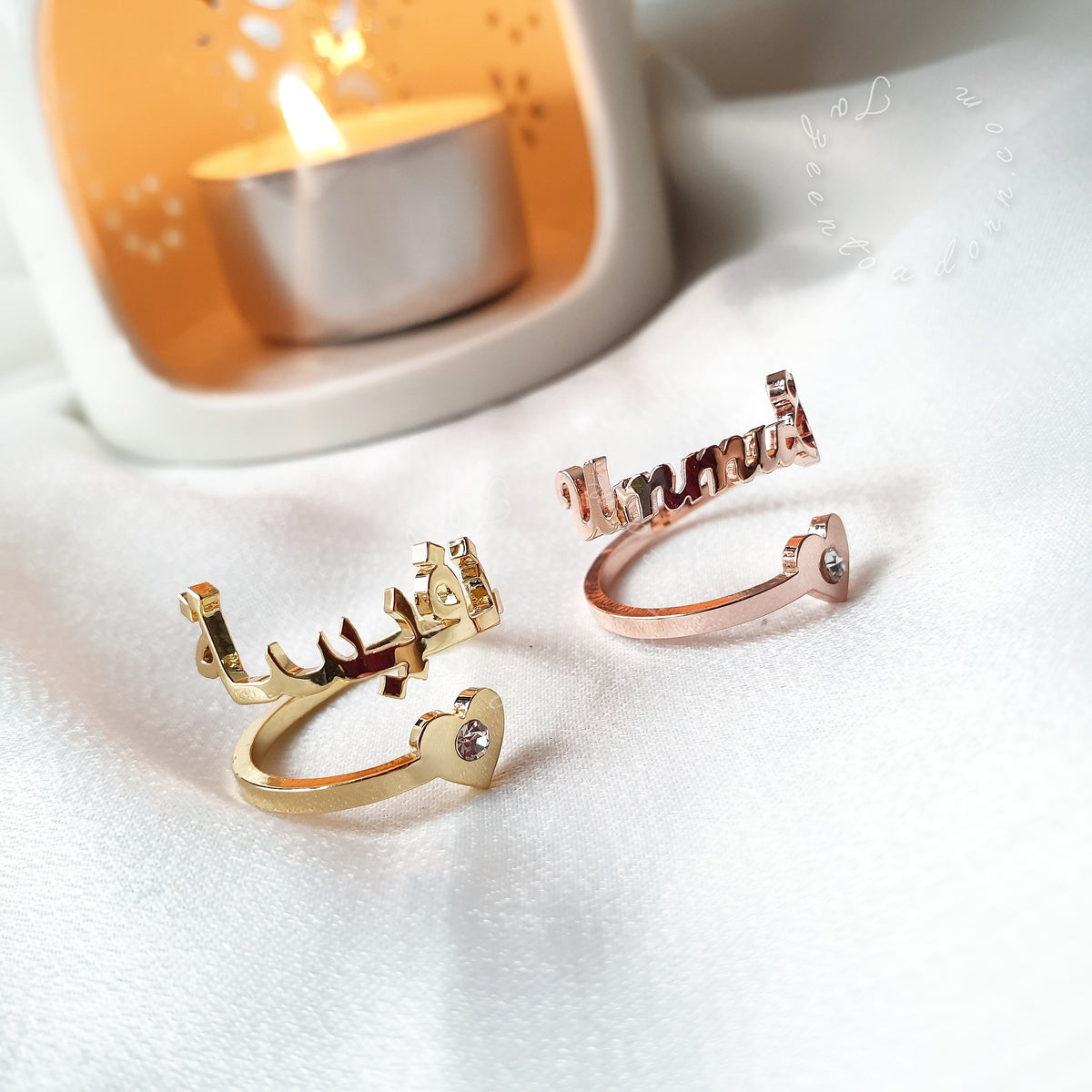 Stunning Personalised Single One Name Ring - Heart & Birthstone English or Arabic Jewellery - SABRINA