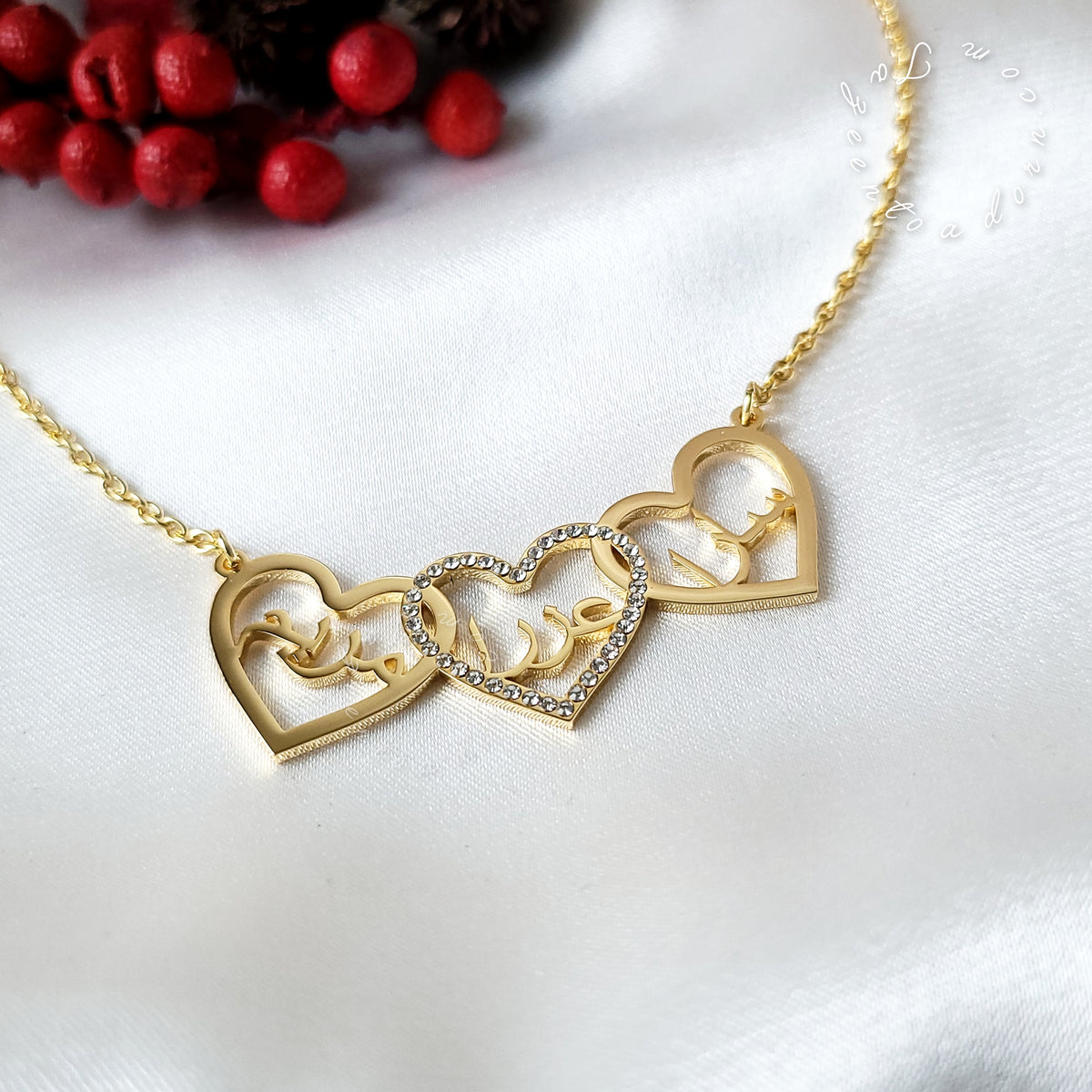 Personalised Custom Necklace Triple Name in Hearts Faux diamond Diamante - Multiple Three Name Family Gift Jewellery - FATIMA
