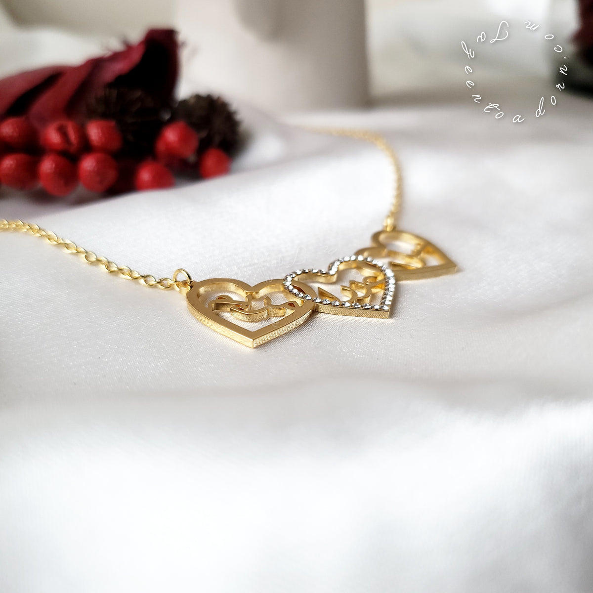 Personalised Custom Necklace Triple Name in Hearts Faux diamond Diamante - Multiple Three Name Family Gift Jewellery - FATIMA