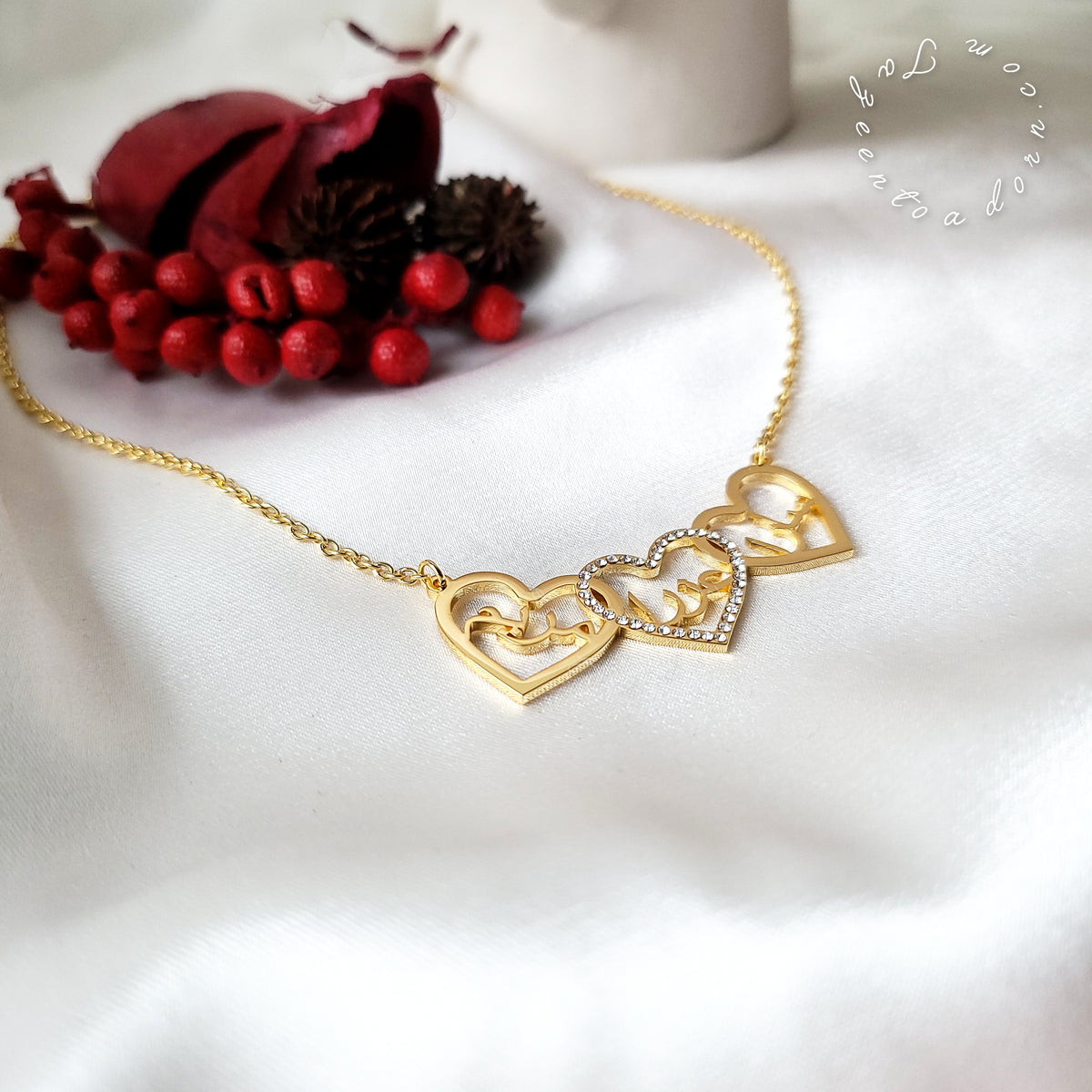 Personalised Custom Necklace Triple Name in Hearts Faux diamond Diamante - Multiple Three Name Family Gift Jewellery - FATIMA