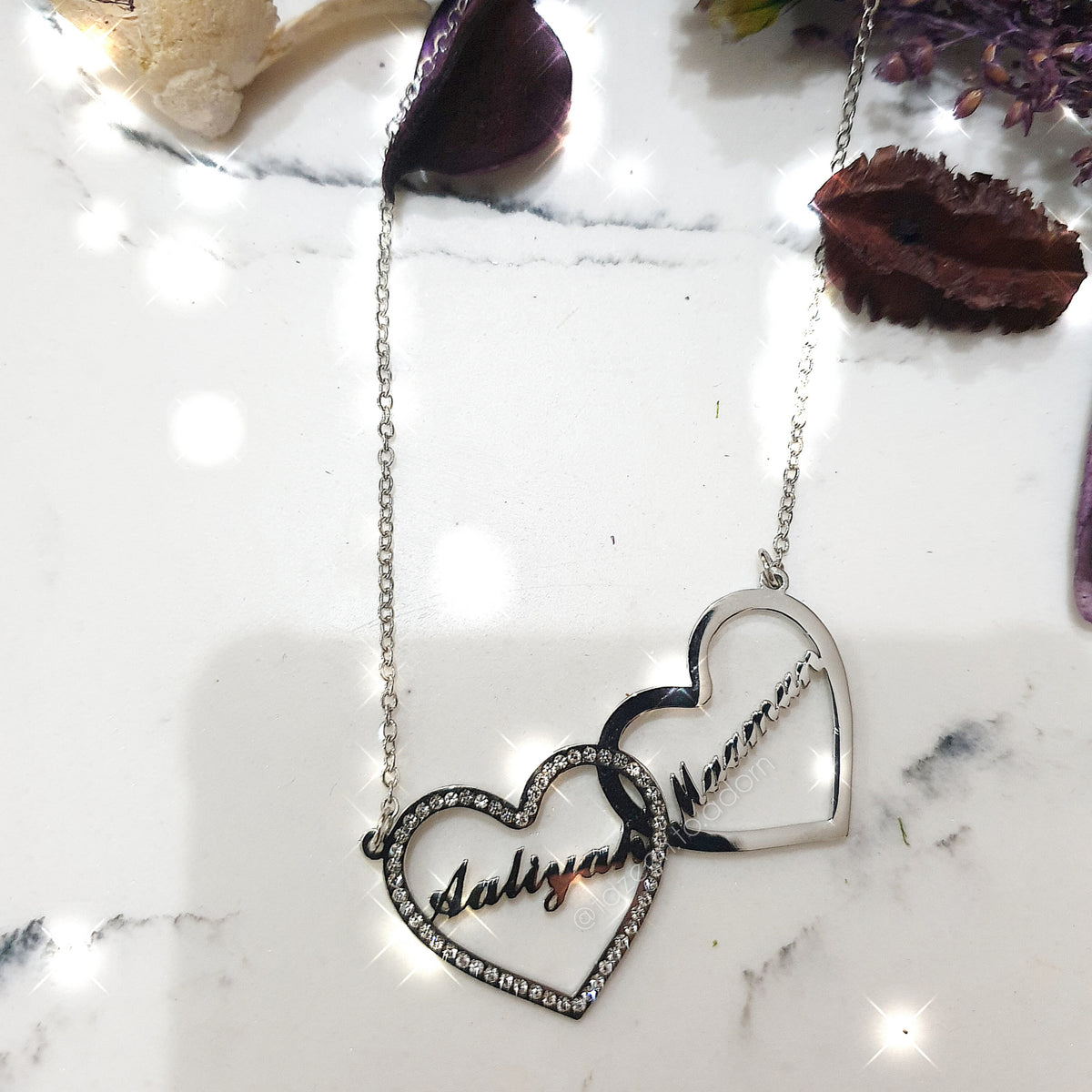 Personalised Custom Double Name Necklace - Sparkling Gemstone Diamante Love Hearts - FAIYAH