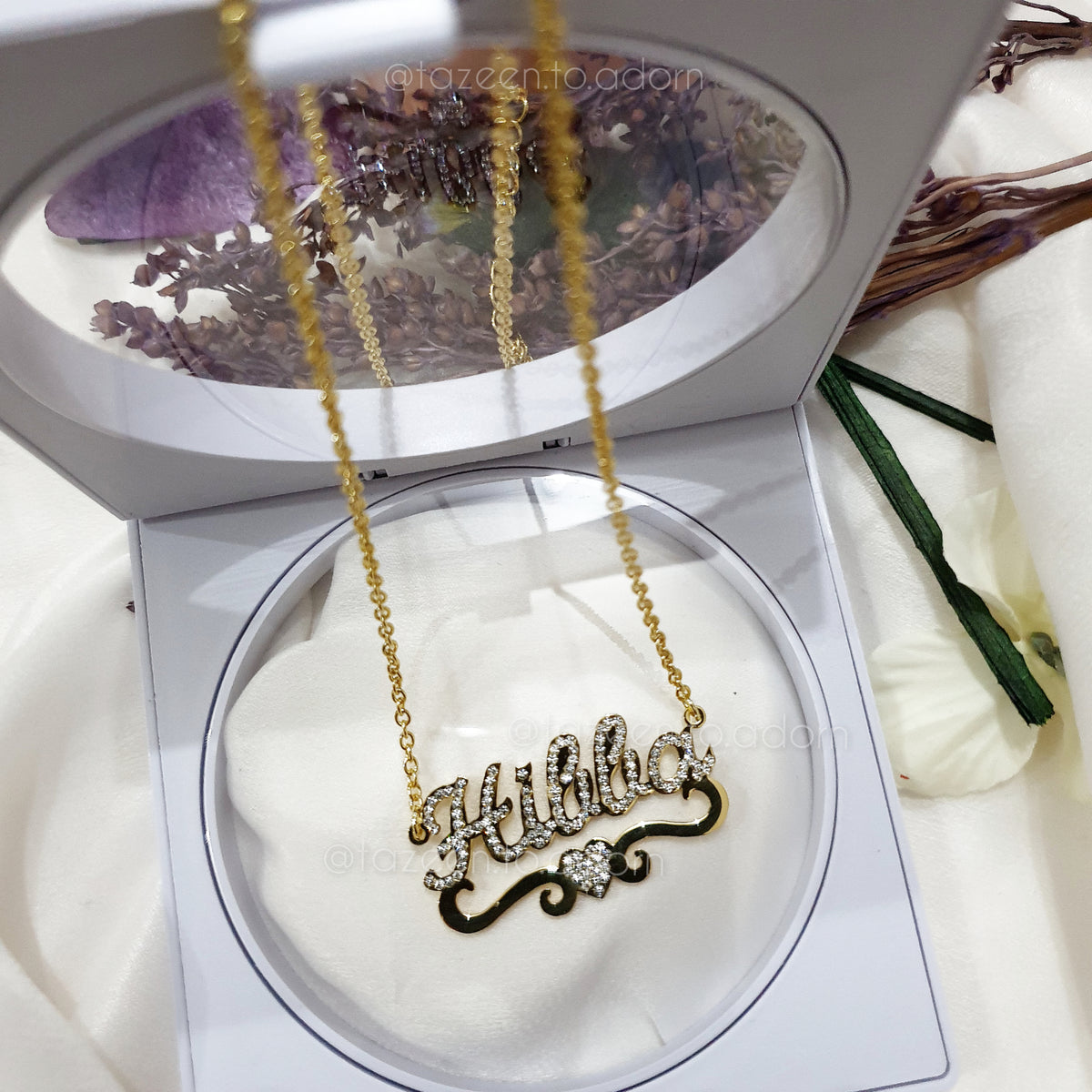 Aisha - Personalised Single Name Diamante Heart with Ribbon Necklace - Arabic English Eid custom Jewellery Gift
