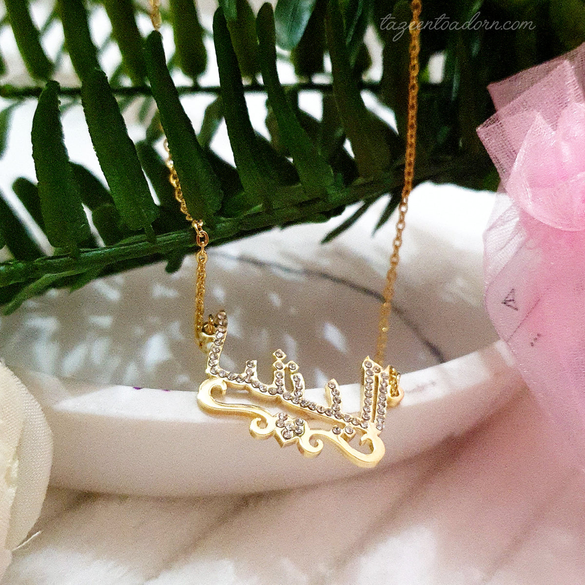 Personalised Custom Girls Diamante Name with Ribbon & Heart Necklace - Arabic English Jewellery Kid, Toddler Gifts - Baby to 14years - AISHA