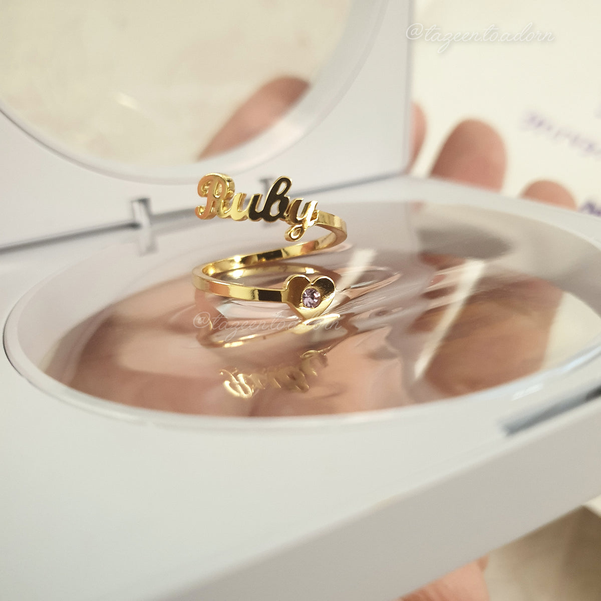 Stunning Personalised Single One Name Ring - Heart & Birthstone English or Arabic Jewellery - SABRINA