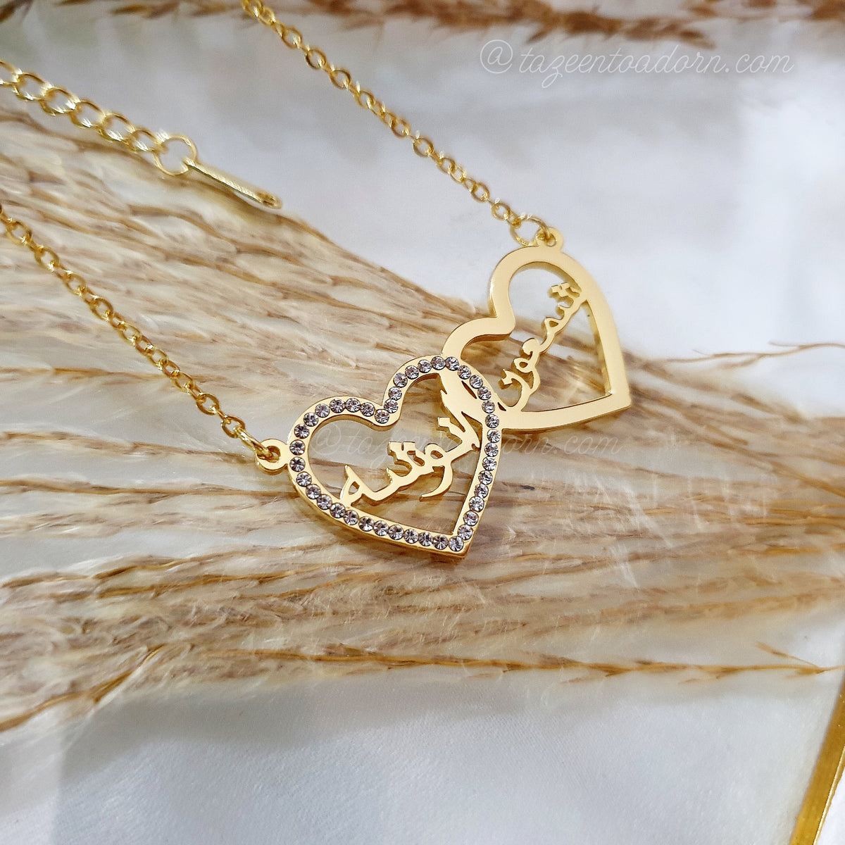 Personalised Custom Double Name Necklace - Sparkling Gemstone Diamante Love Hearts - FAIYAH