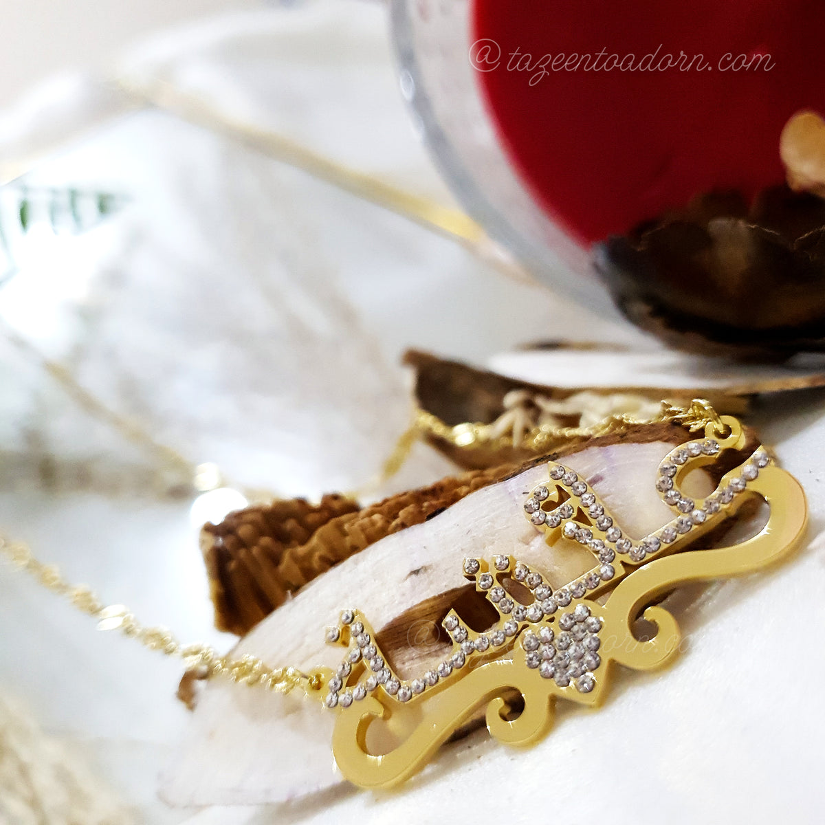 Aisha - Personalised Single Name Diamante Heart with Ribbon Necklace - Arabic English Eid custom Jewellery Gift