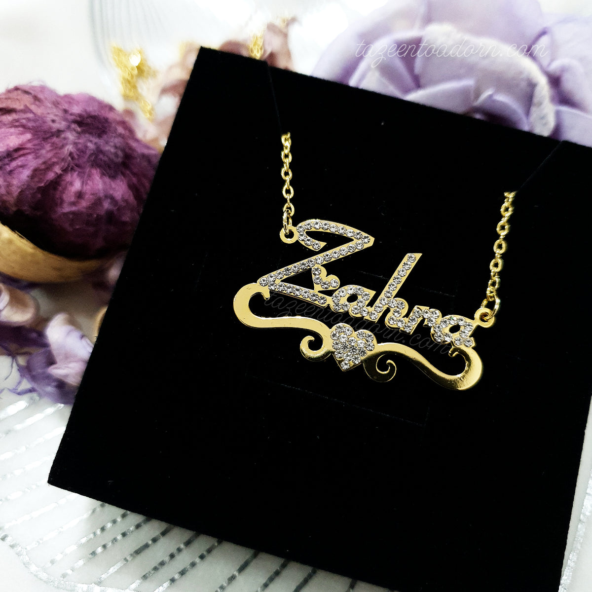 Aisha - Personalised Single Name Diamante Heart with Ribbon Necklace - Arabic English Eid custom Jewellery Gift