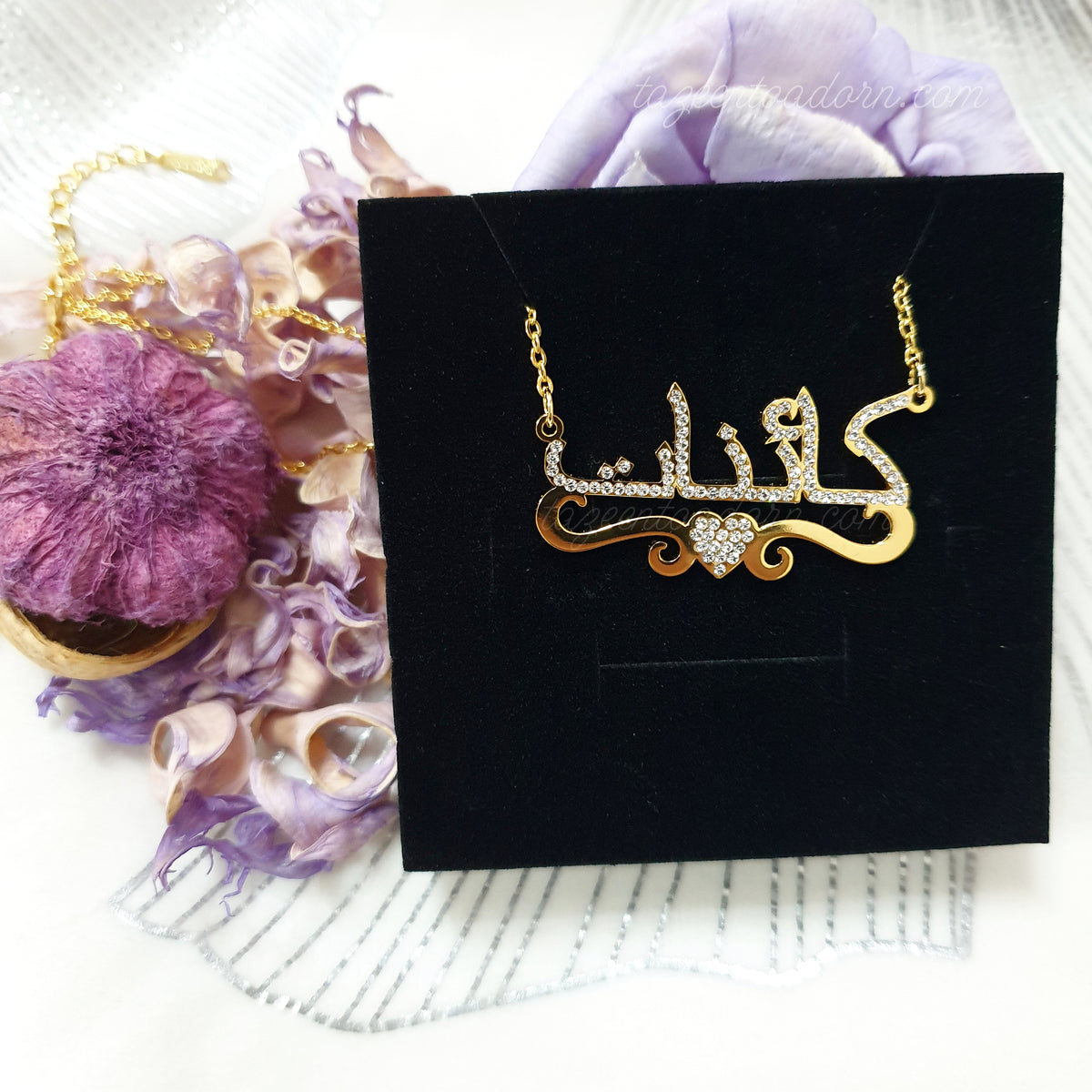 Personalised Custom Girls Diamante Name with Ribbon & Heart Necklace - Arabic English Jewellery Kid, Toddler Gifts - Baby to 14years - AISHA