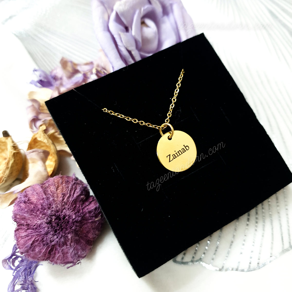 Personalised Custom Single One Name Disc Coin Necklace with Engraving - Engraved in English Arabic Jewellery Gift Eid - KAYA