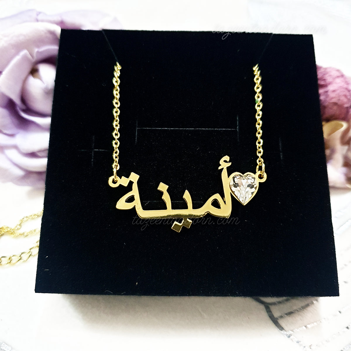 Personalised Custom Single Name necklace with Heart Birthstone - Adults Jewellery Gift Ladies Arabic English - AANAH