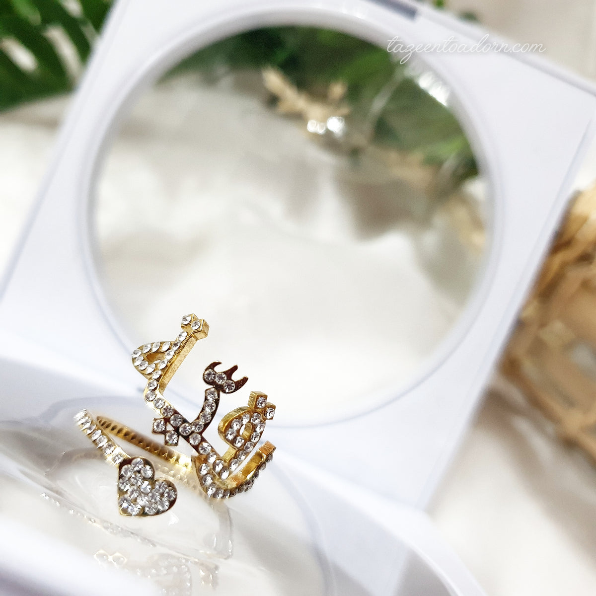 Personalised Diamante Diamond Single One Name Ring - With Heart - Custom Bespoke Arabic English Jewellery Gift - LEILA