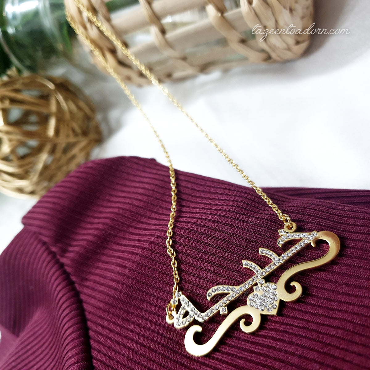 Aisha - Personalised Single Name Diamante Heart with Ribbon Necklace - Arabic English Eid custom Jewellery Gift