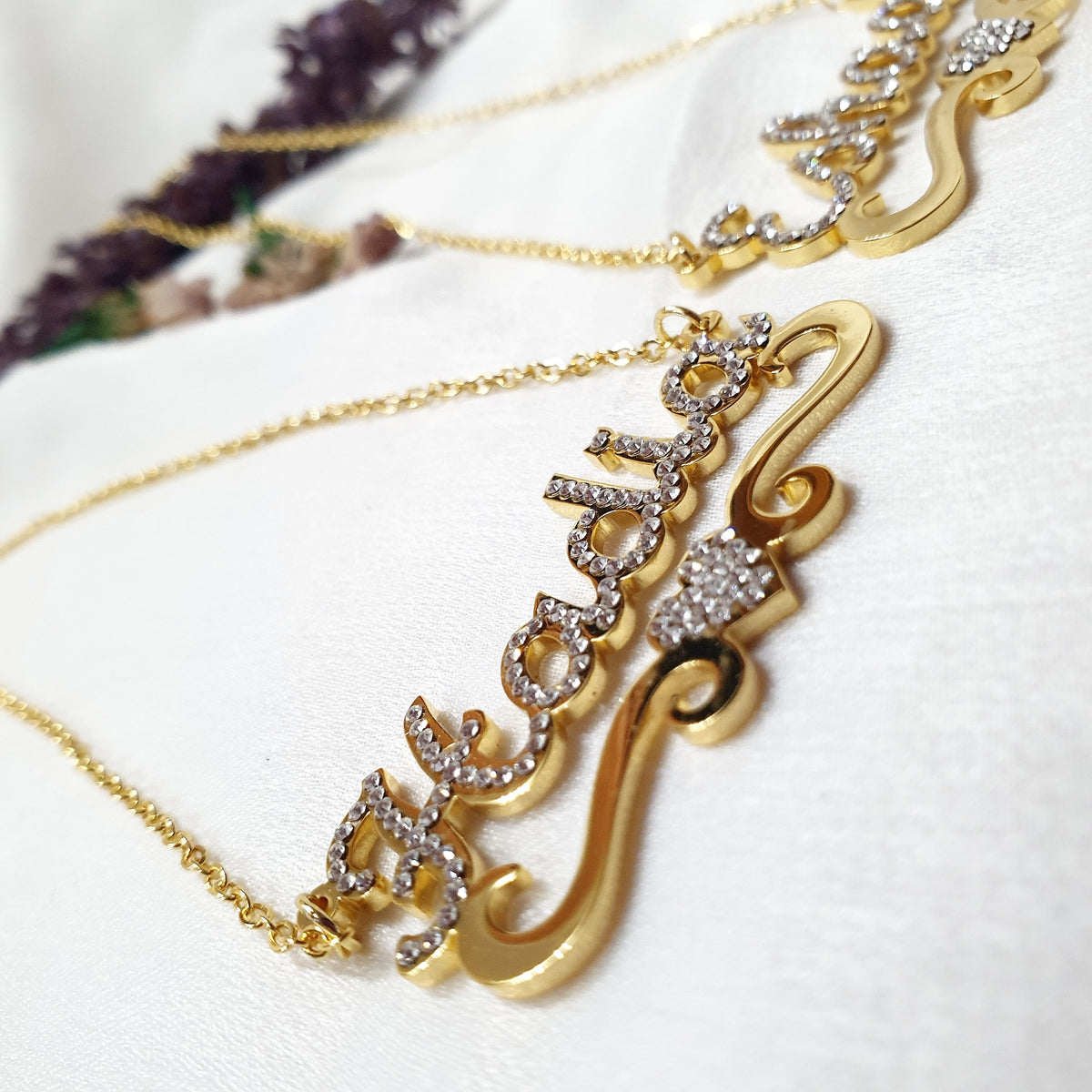 Aisha - Personalised Single Name Diamante Heart with Ribbon Necklace - Arabic English Eid custom Jewellery Gift