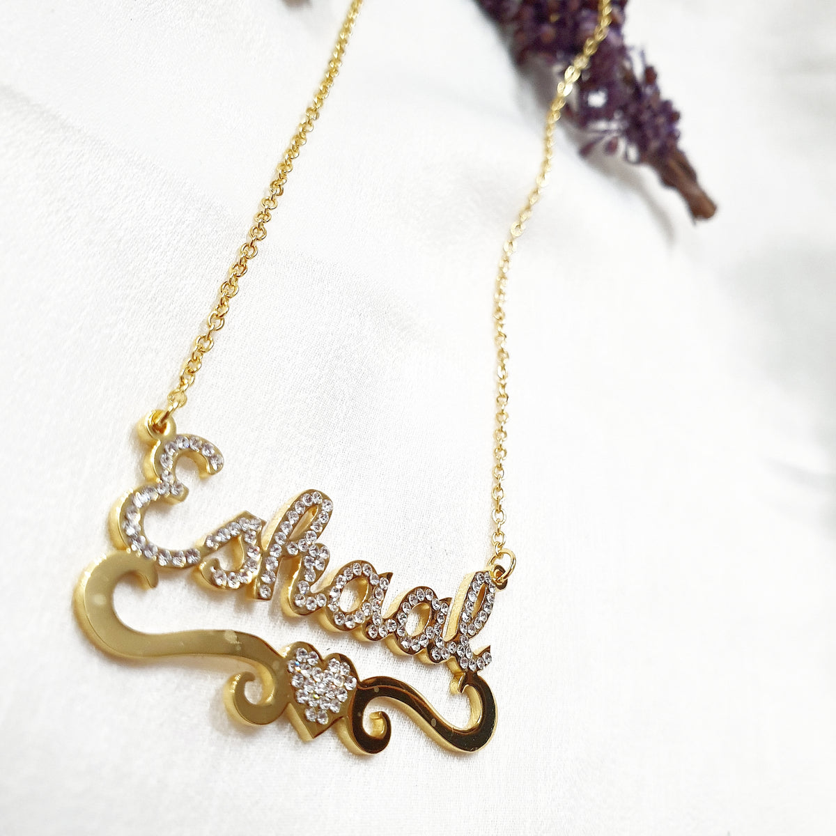 Aisha - Personalised Single Name Diamante Heart with Ribbon Necklace - Arabic English Eid custom Jewellery Gift