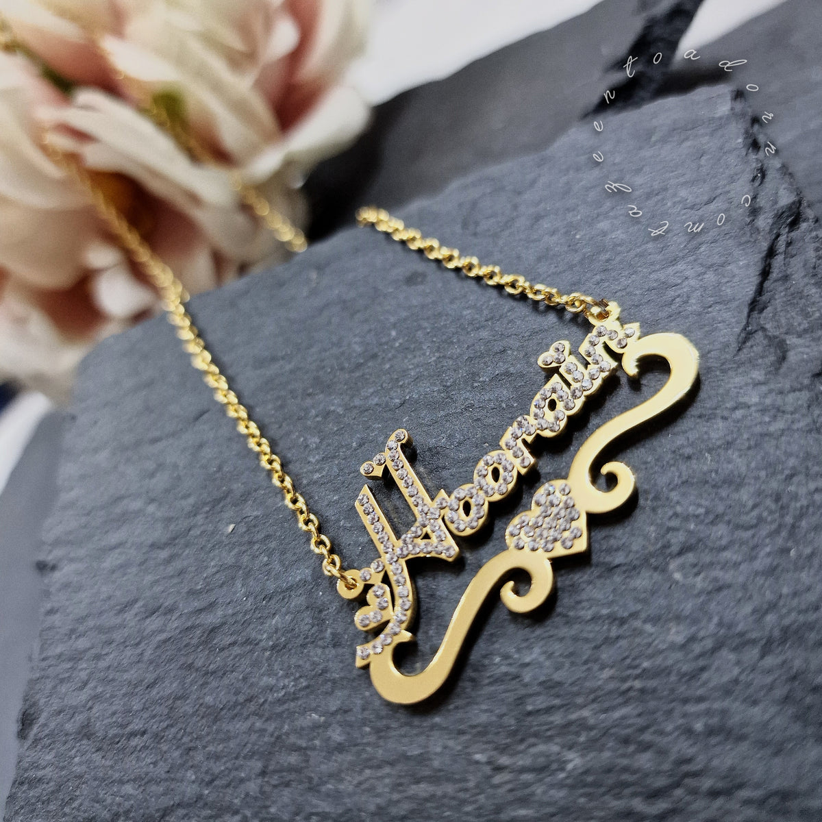 Personalised Custom Girls Diamante Name with Ribbon & Heart Necklace - Arabic English Jewellery Kid, Toddler Gifts - Baby to 14years - AISHA