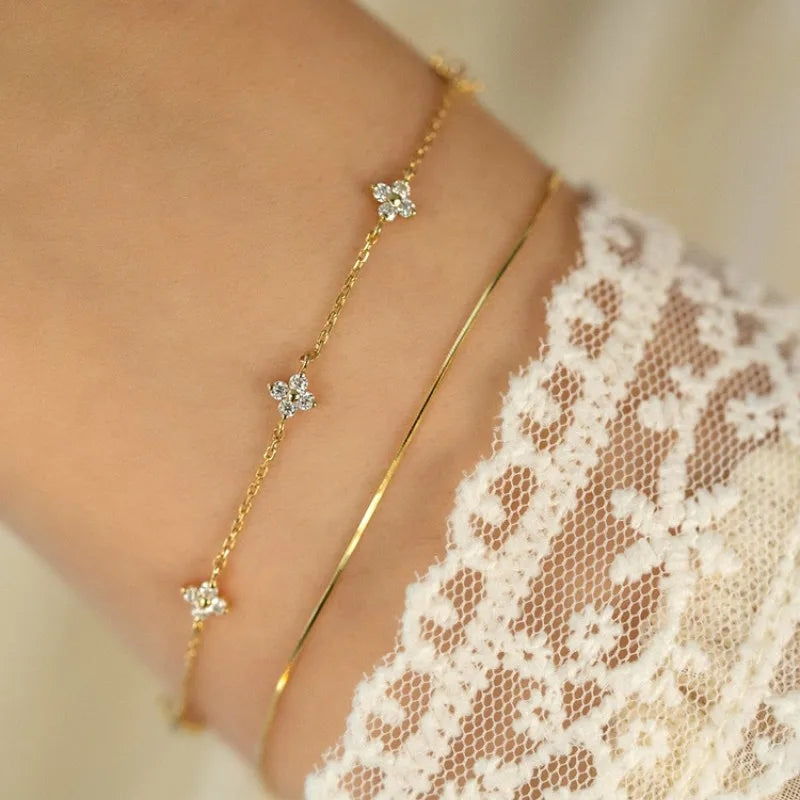 Aurora Sterling Silver 5 Flower Floral Cubic Zirconia Diamond Delicate Dainty Chain Bracelet