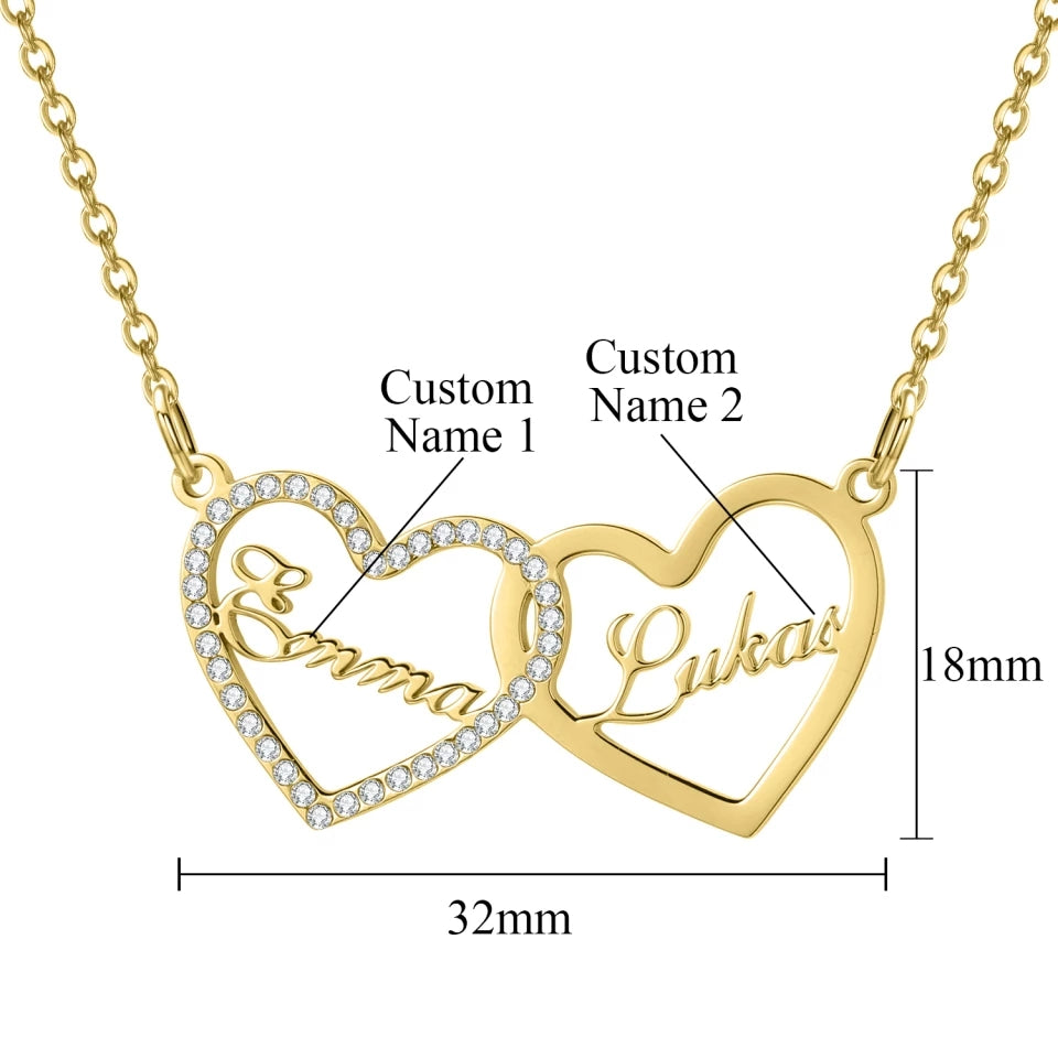 Personalised Custom Double Name Necklace - Sparkling Gemstone Diamante Love Hearts - FAIYAH