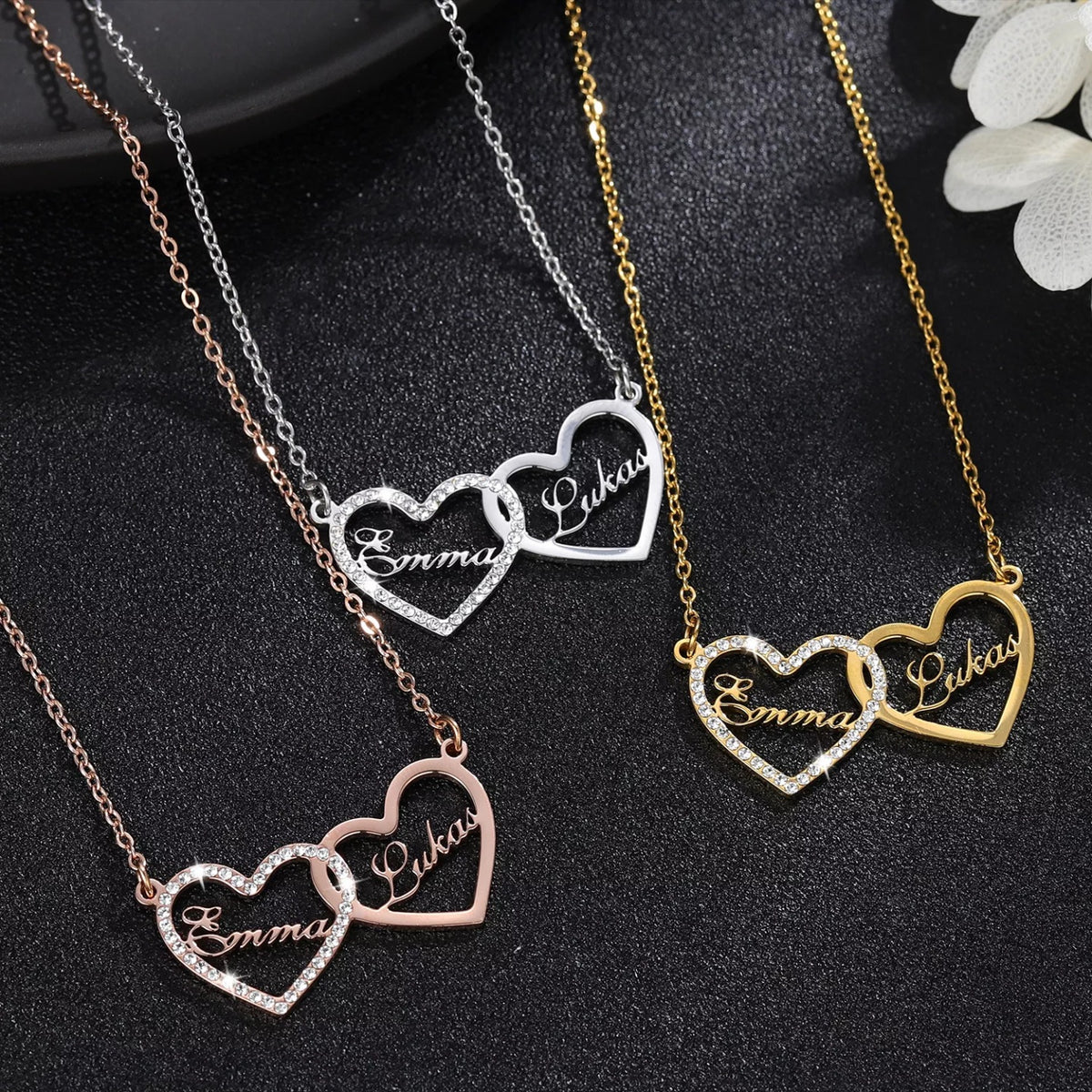 Personalised Custom Double Name Necklace - Sparkling Gemstone Diamante Love Hearts - FAIYAH
