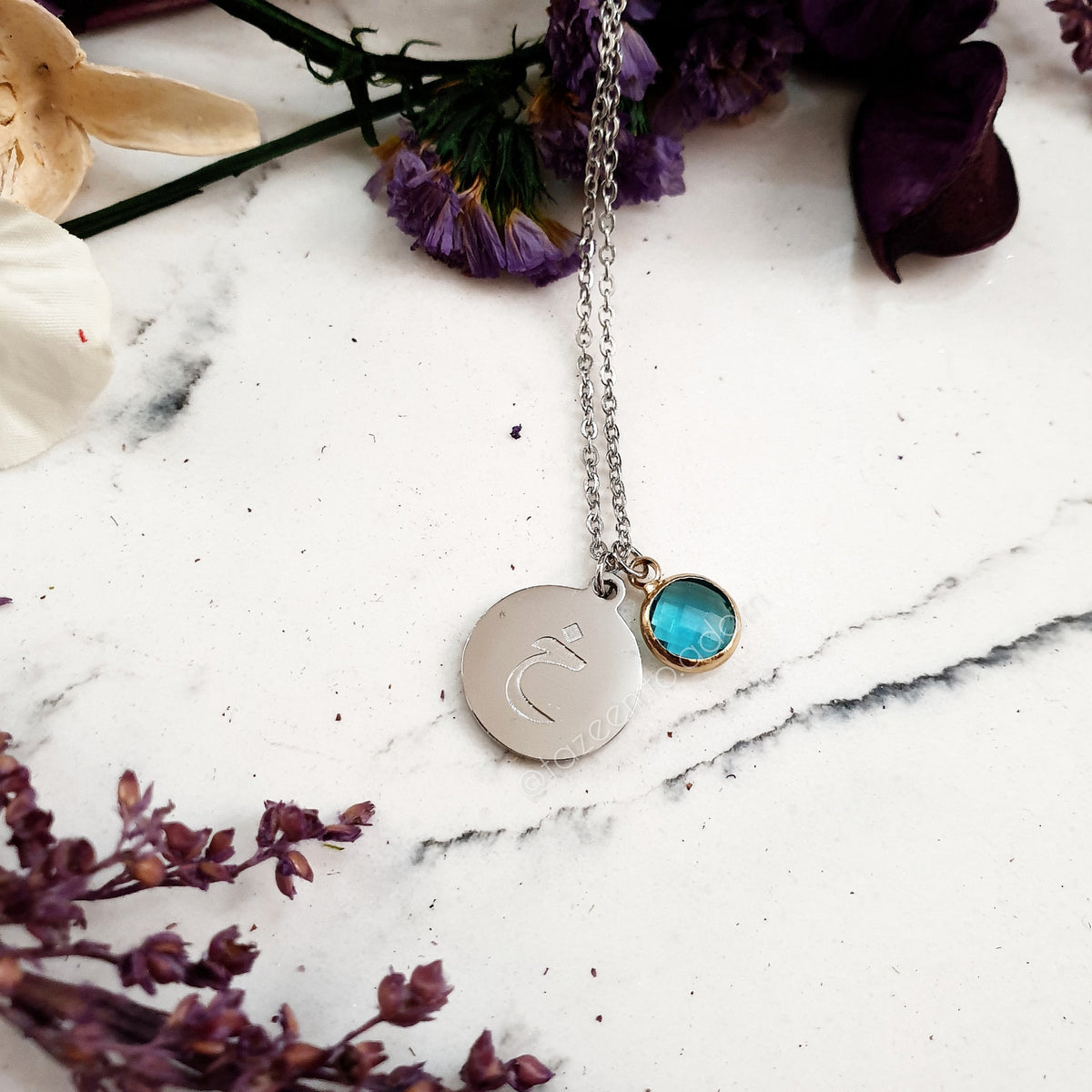 Arabic Initial Coin Disc Pendant Necklace - Awal Round Birthstone Letter Alphabet Engraving Jewellery Gifts - NOORAH