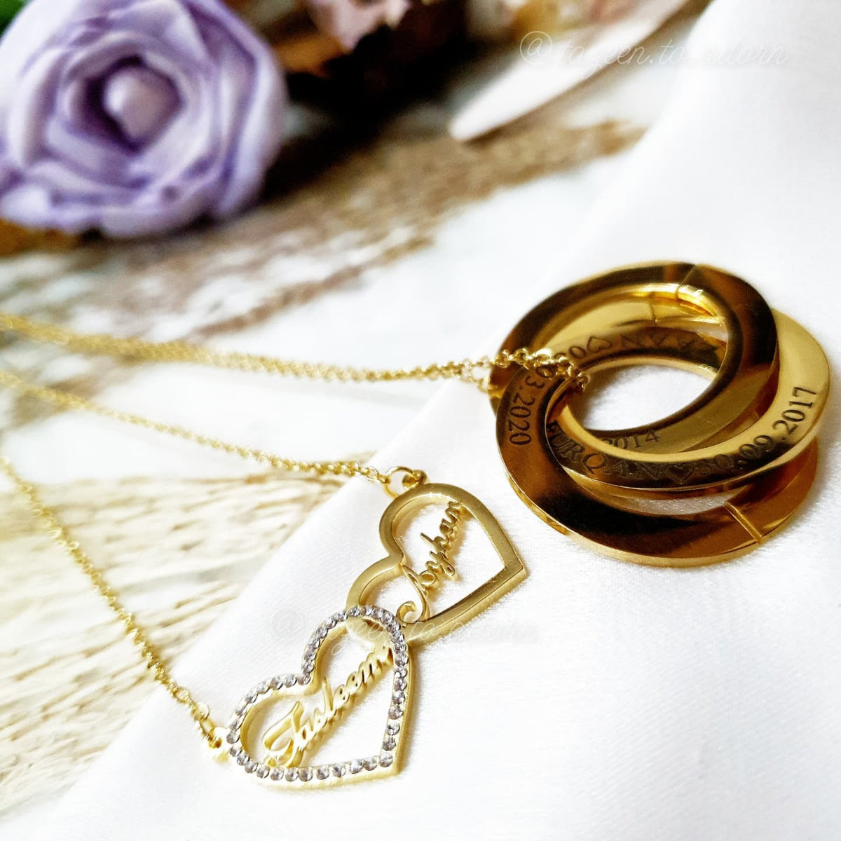 Personalised Custom Double Name Necklace - Sparkling Gemstone Diamante Love Hearts - FAIYAH