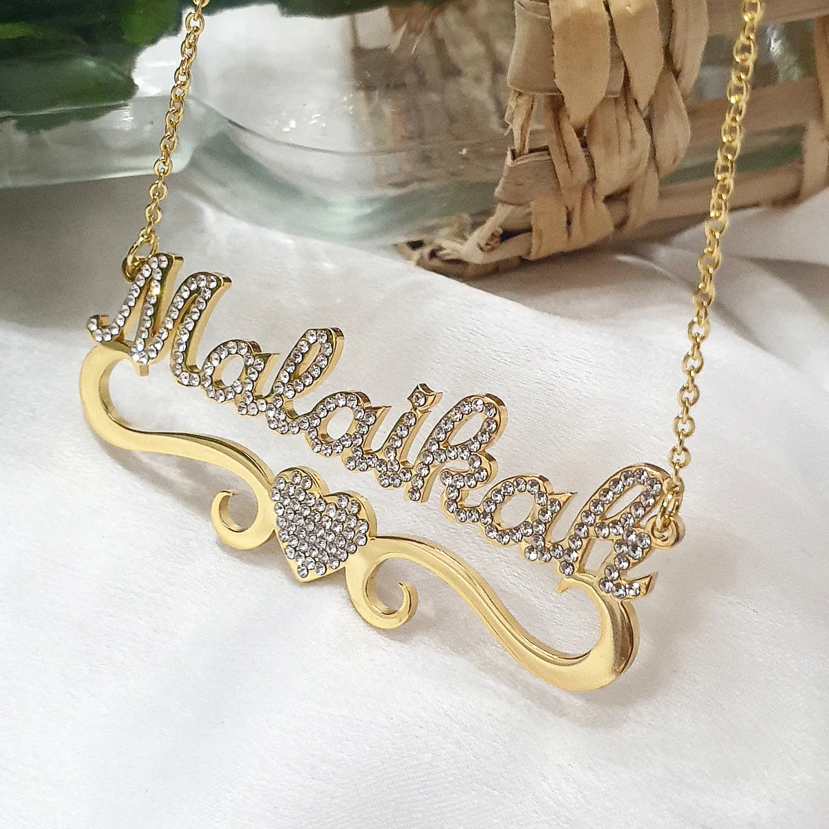 Aisha - Personalised Single Name Diamante Heart with Ribbon Necklace - Arabic English Eid custom Jewellery Gift