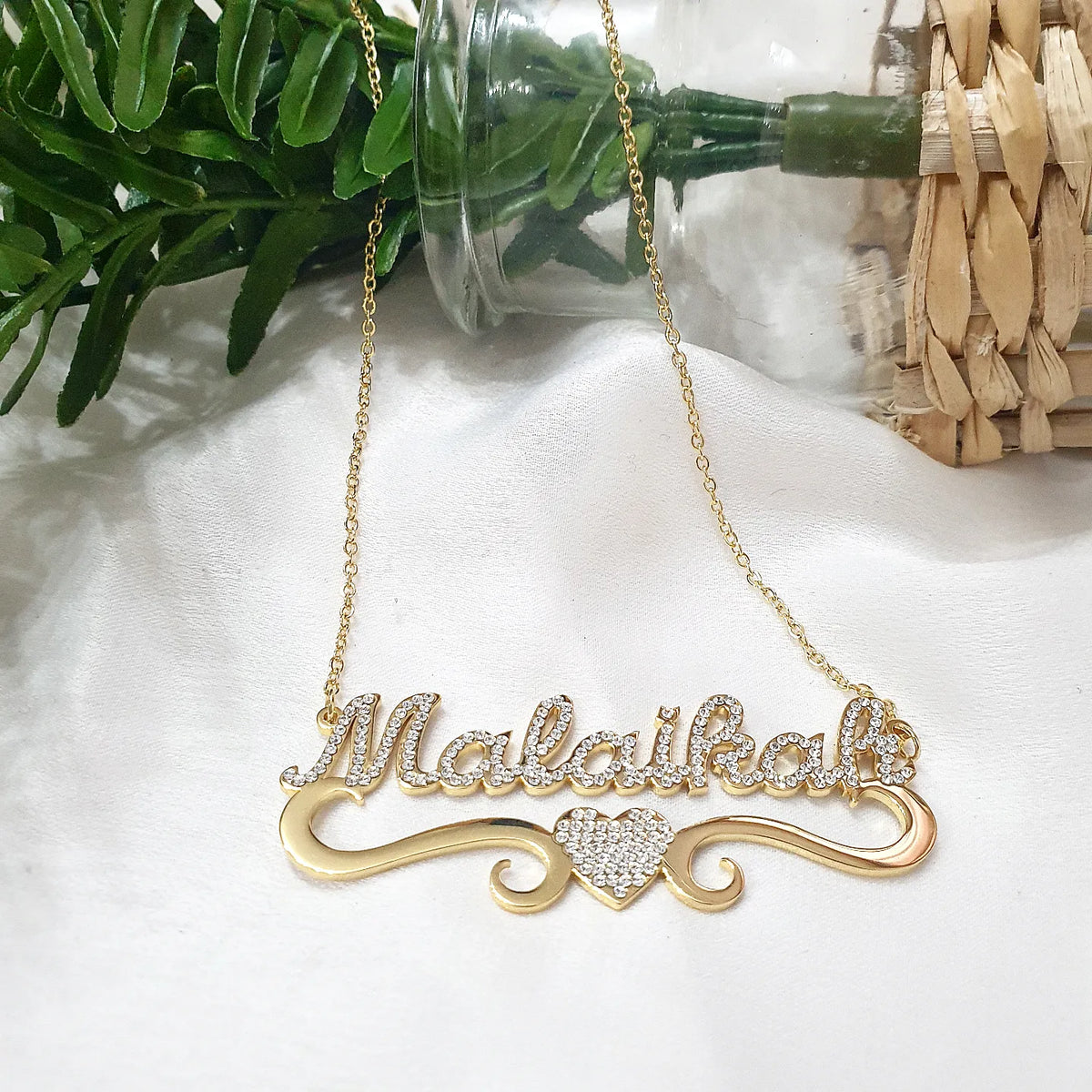 Aisha - Personalised Single Name Diamante Heart with Ribbon Necklace - Arabic English Eid custom Jewellery Gift