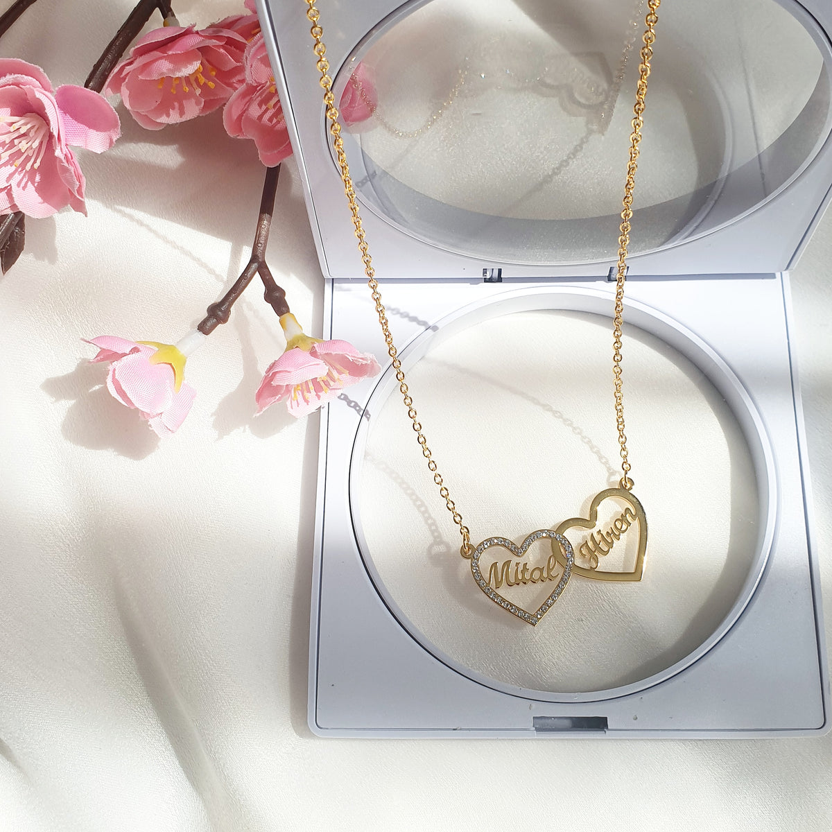 Personalised Custom Double Name Necklace - Sparkling Gemstone Diamante Love Hearts - FAIYAH