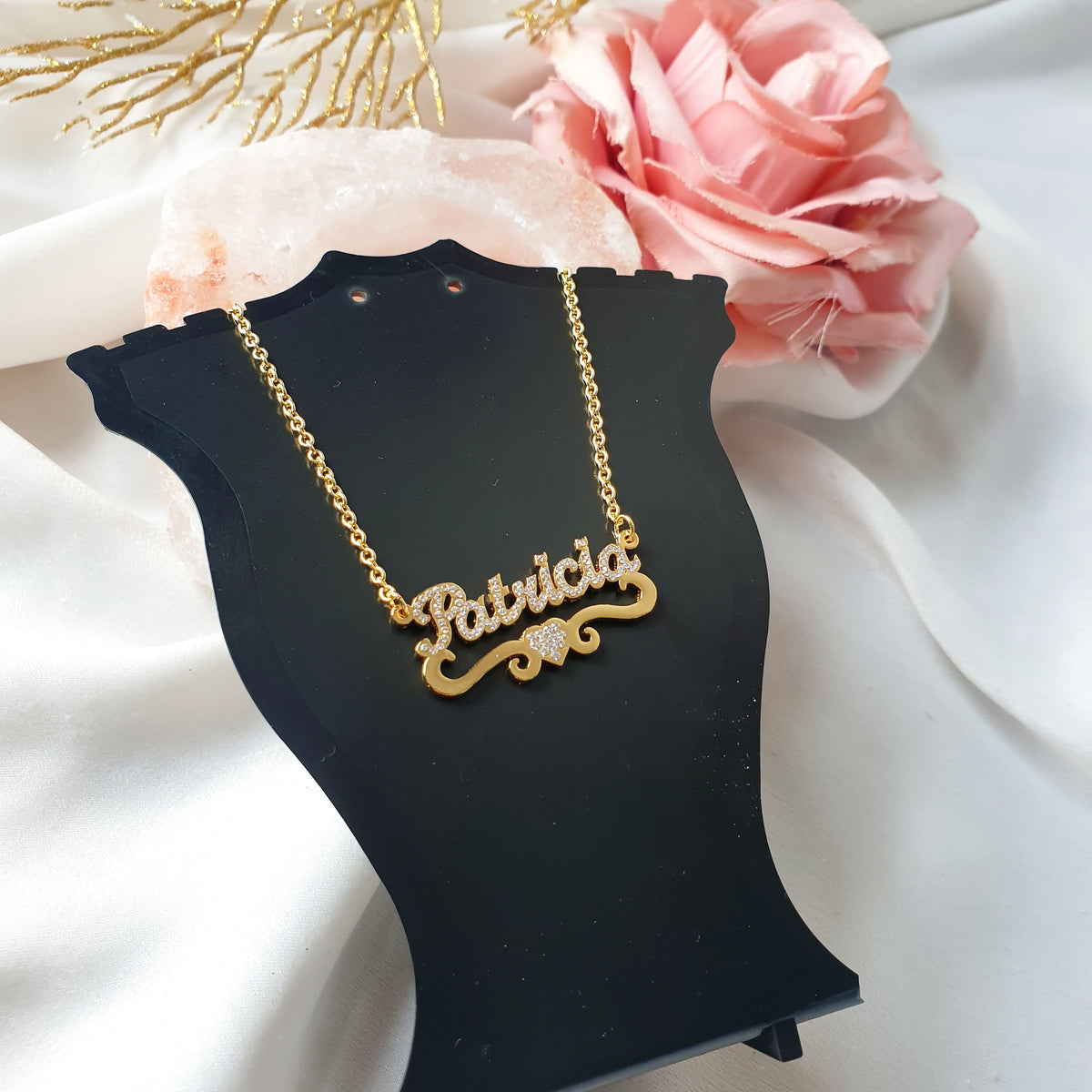 Personalised Custom Girls Diamante Name with Ribbon & Heart Necklace -  Arabic English Jewellery Kid, Toddler Gifts - Baby to 14years - AISHA