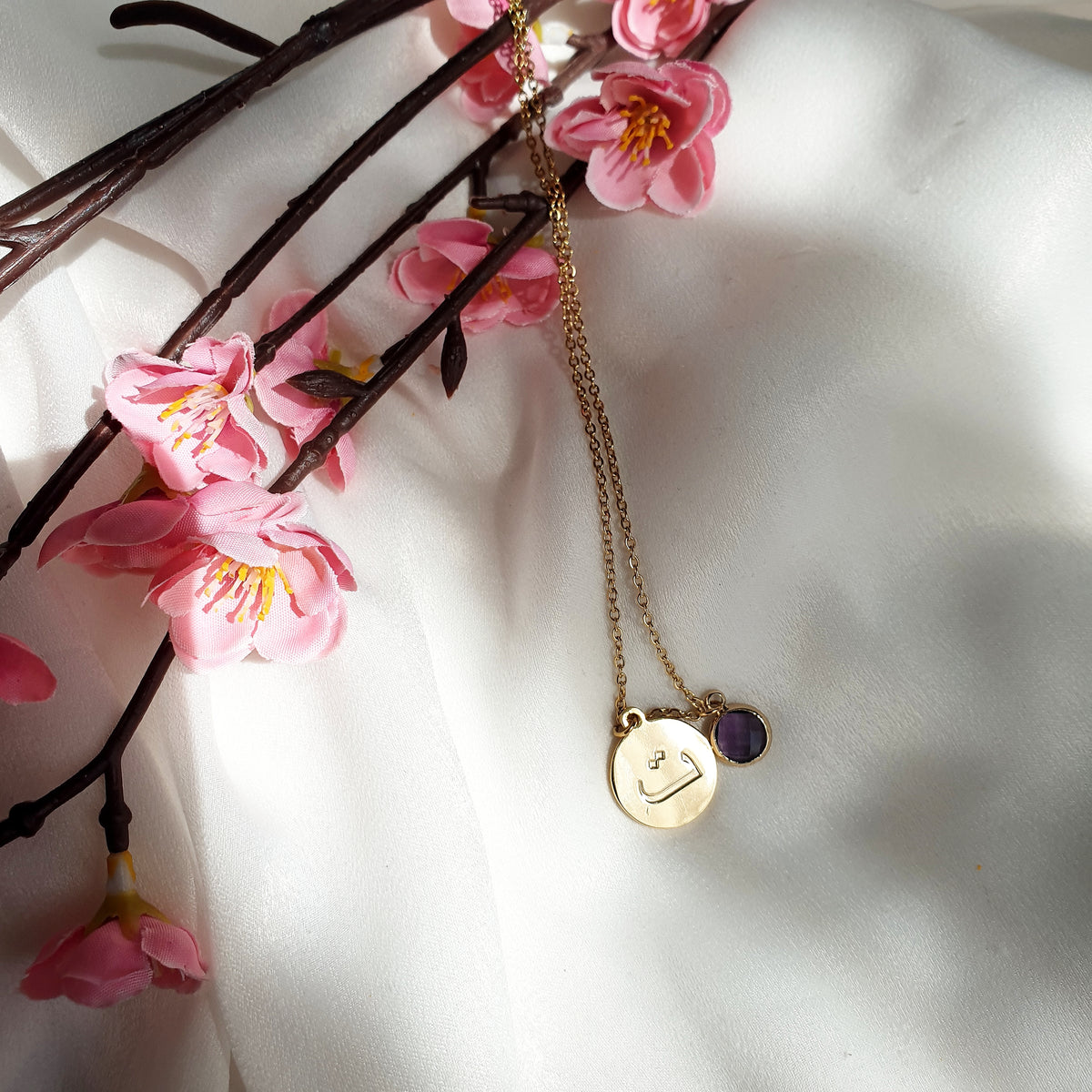 Arabic Initial Coin Disc Pendant Necklace - Awal Round Birthstone Letter Alphabet Engraving Jewellery Gifts - NOORAH