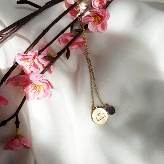 Arabic Initial Coin Disc Pendant Necklace - Awal Round Birthstone Letter Alphabet Engraving Jewellery Gifts - NOORAH