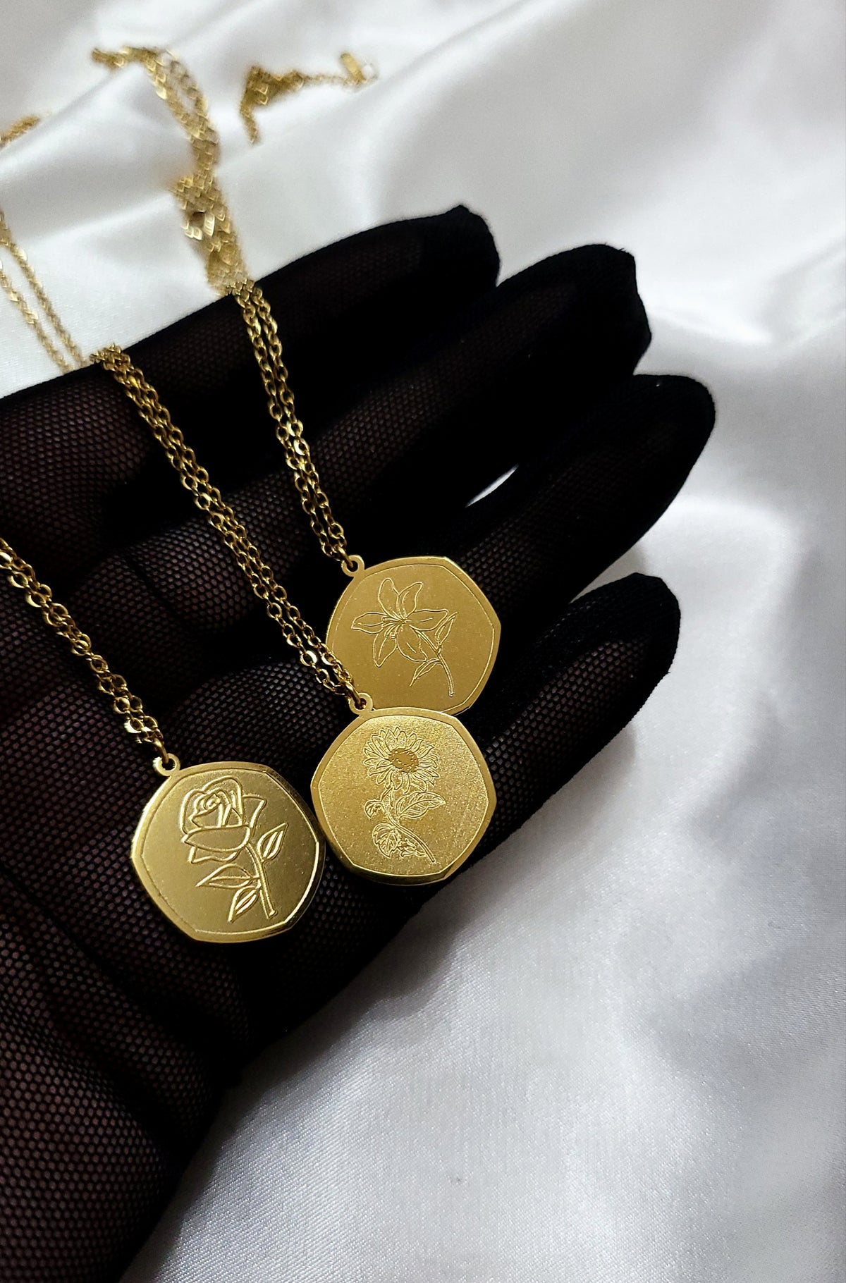 NORA MARIE - EXCLUSIVE - Hijab Queens - Meaningful Extra Long Scarf Hexagon pendant Necklace Jewellery - Floral Brushed Carved Design Birthday Graduation Gift  - Blossom