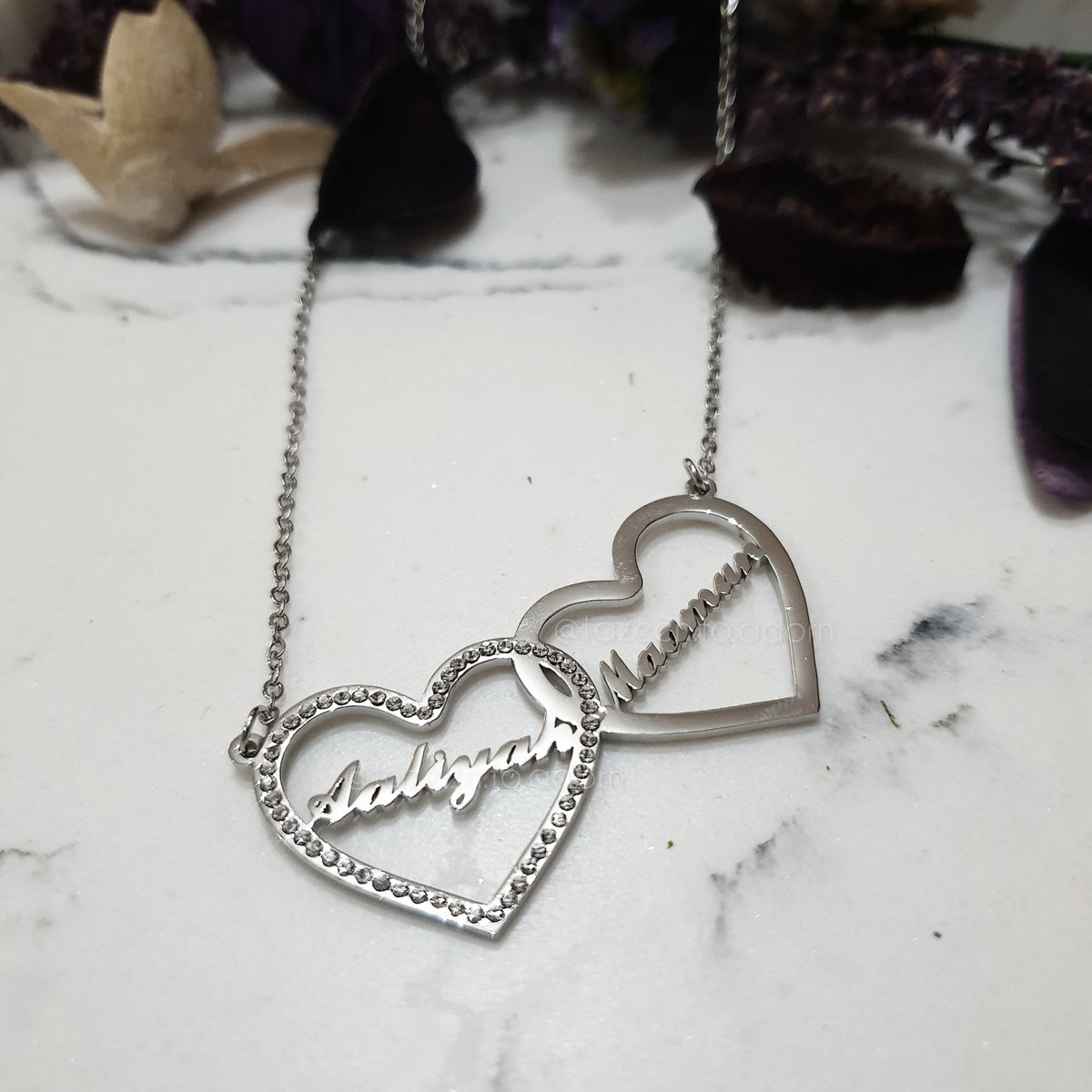 Personalised Custom Double Name Necklace - Sparkling Gemstone Diamante Love Hearts - FAIYAH