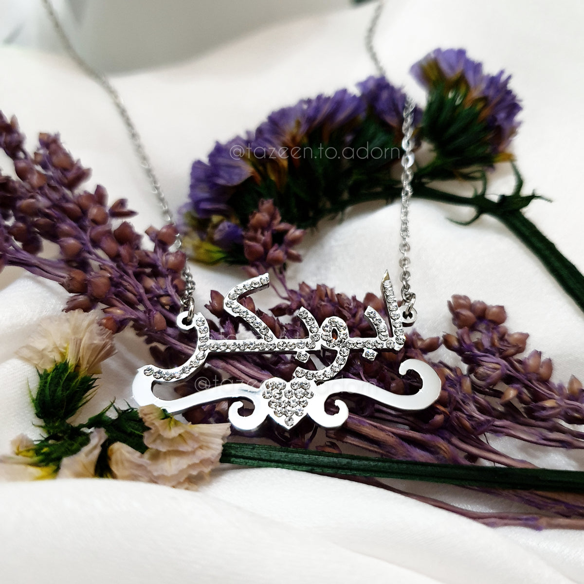 Aisha - Personalised Single Name Diamante Heart with Ribbon Necklace - Arabic English Eid custom Jewellery Gift
