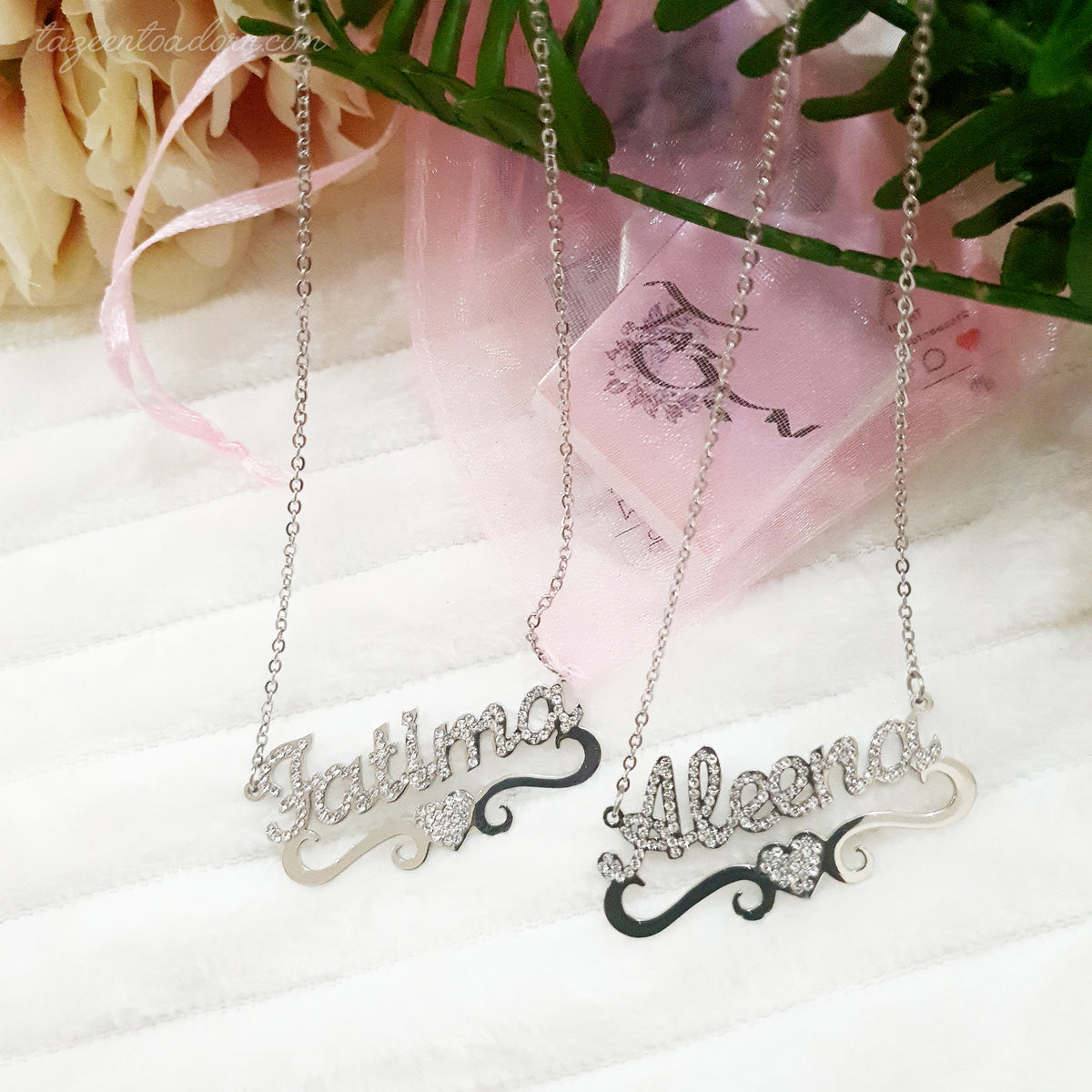 Personalised Custom Girls Diamante Name with Ribbon & Heart Necklace -  Arabic English Jewellery Kid, Toddler Gifts - Baby to 14years - AISHA