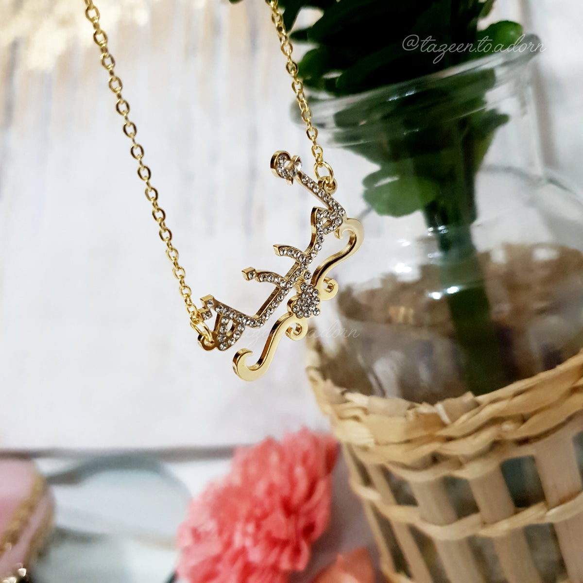 Personalised Custom Girls Diamante Name with Ribbon & Heart Necklace -  Arabic English Jewellery Kid, Toddler Gifts - Baby to 14years - AISHA
