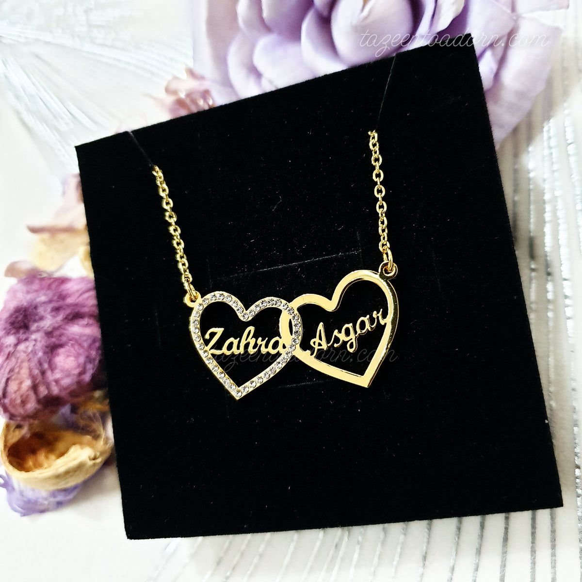 Personalised Custom Double Name Necklace - Sparkling Gemstone Diamante Love Hearts - FAIYAH