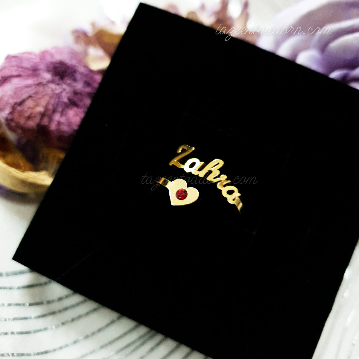 Stunning Personalised Single One Name Ring - Heart & Birthstone  English or Arabic Jewellery - SABRINA
