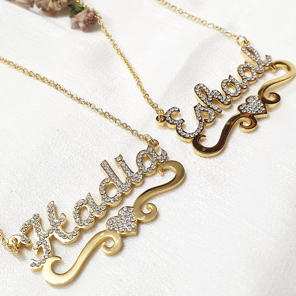 Aisha - Personalised Single Name Diamante Heart with Ribbon Necklace - Arabic English Eid custom Jewellery Gift