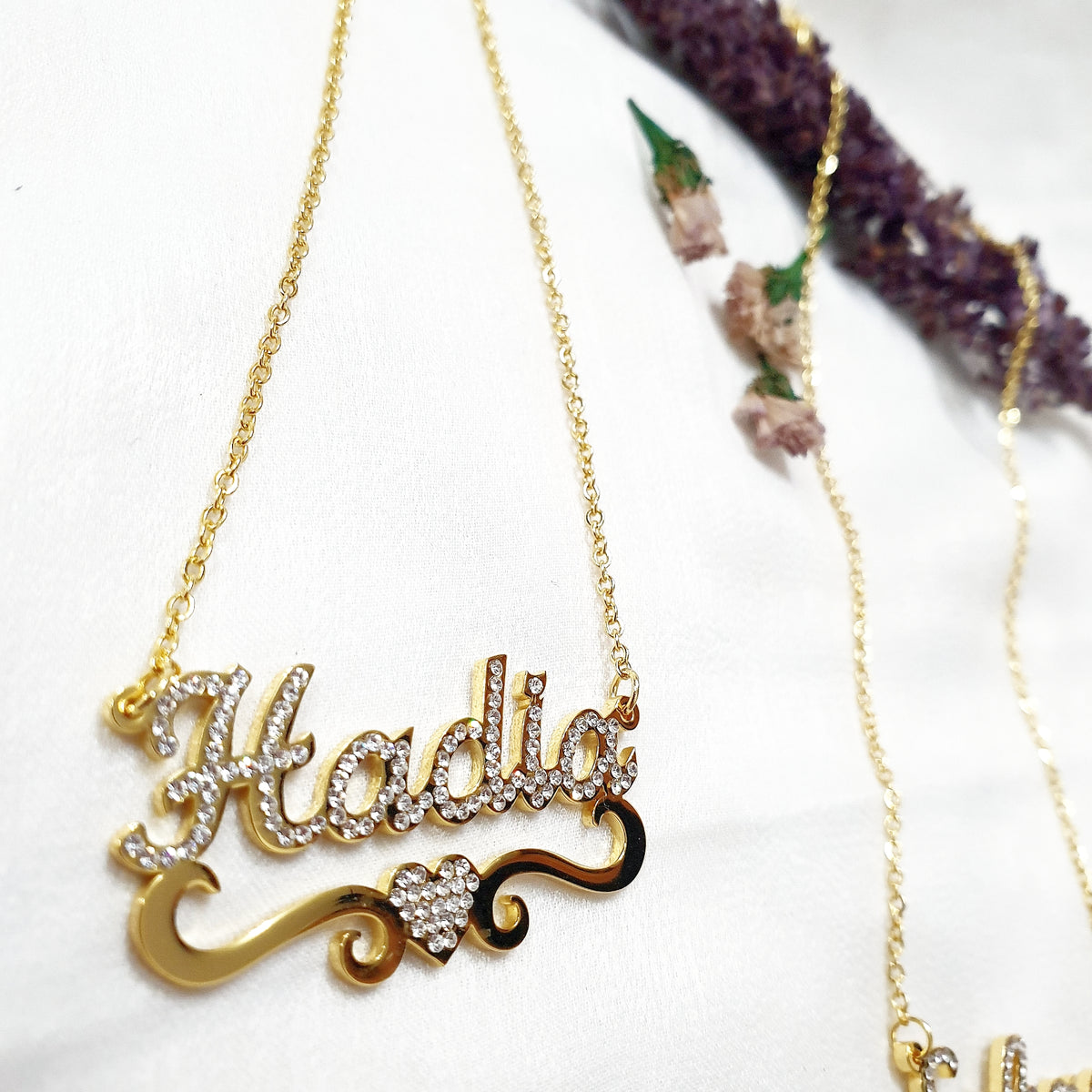 Aisha - Personalised Single Name Diamante Heart with Ribbon Necklace - Arabic English Eid custom Jewellery Gift