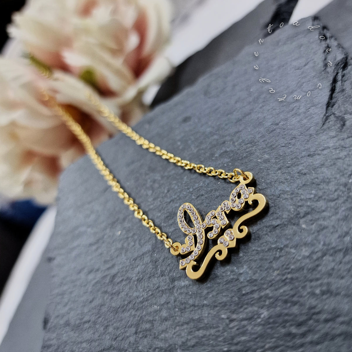 Personalised Custom Girls Diamante Name with Ribbon & Heart Necklace -  Arabic English Jewellery Kid, Toddler Gifts - Baby to 14years - AISHA